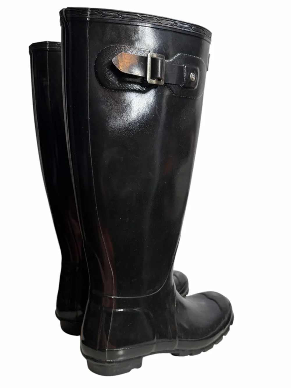 Hunter Gloss Black Knee-High Rain Boots with Side Buckle - Women’s Size 6